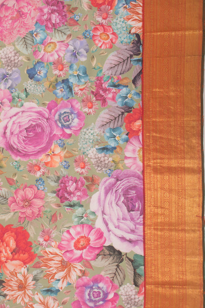 Kanchipuram Silk Floral Printed Green Saree