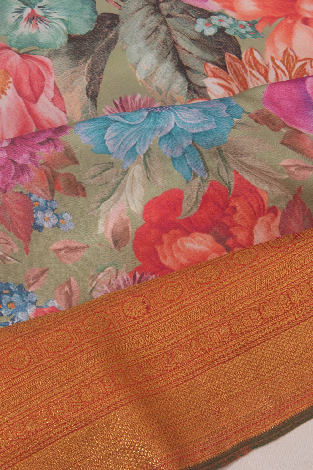 Kanchipuram Silk Floral Printed Green Saree