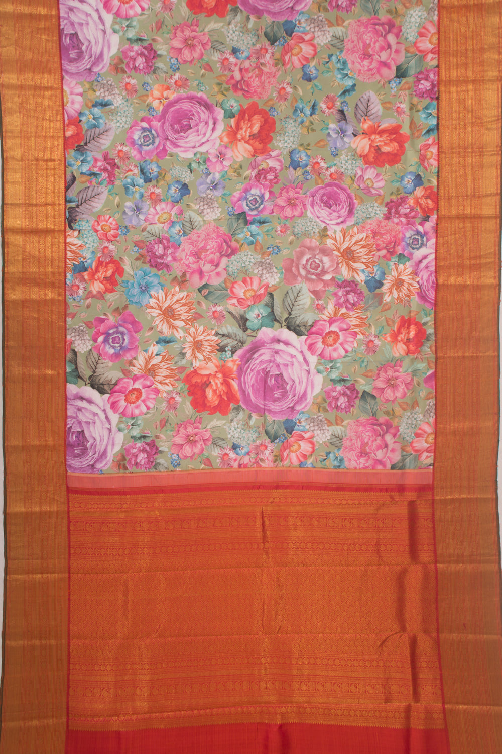 Kanchipuram Silk Floral Printed Green Saree