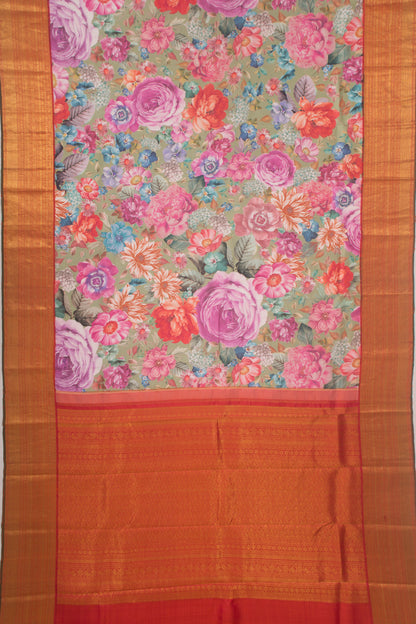Kanchipuram Silk Floral Printed Green Saree