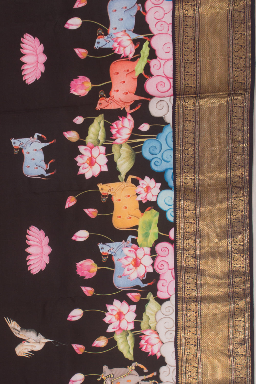 Kanchipuram Silk Pichwai Printed Black Saree