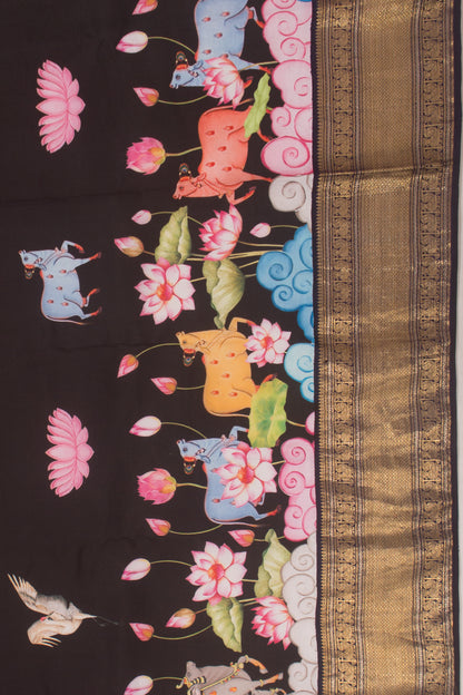Kanchipuram Silk Pichwai Printed Black Saree