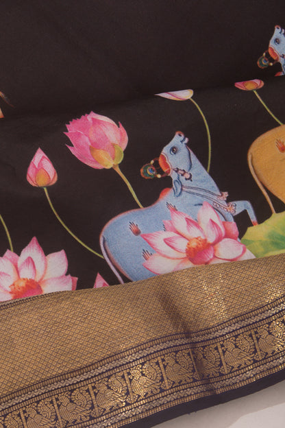 Kanchipuram Silk Pichwai Printed Black Saree