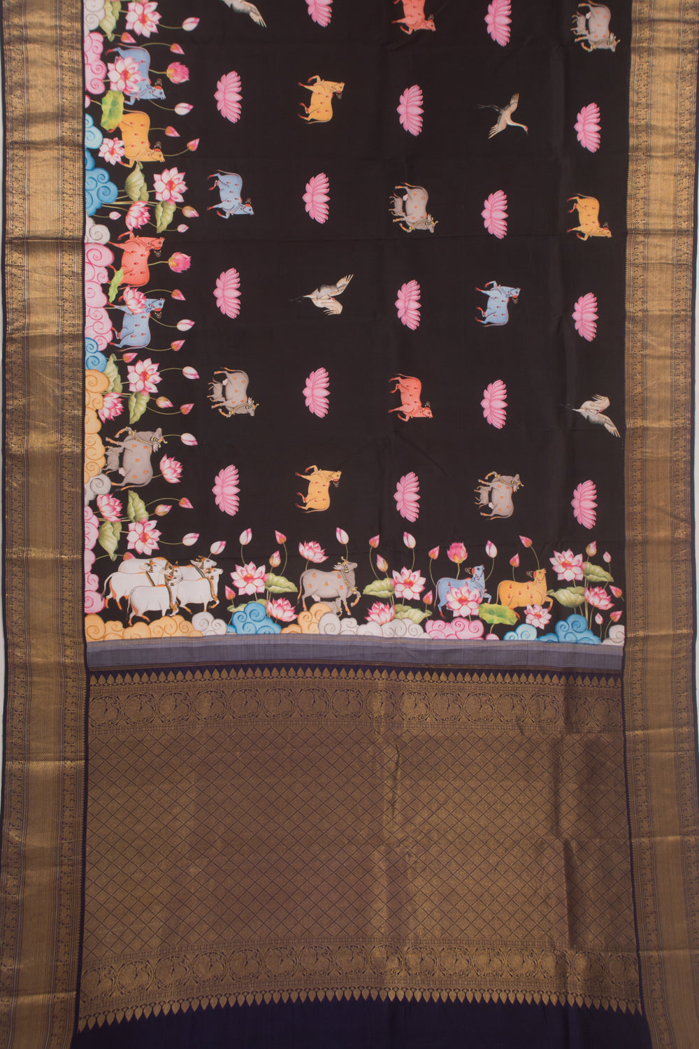 Kanchipuram Silk Pichwai Printed Black Saree
