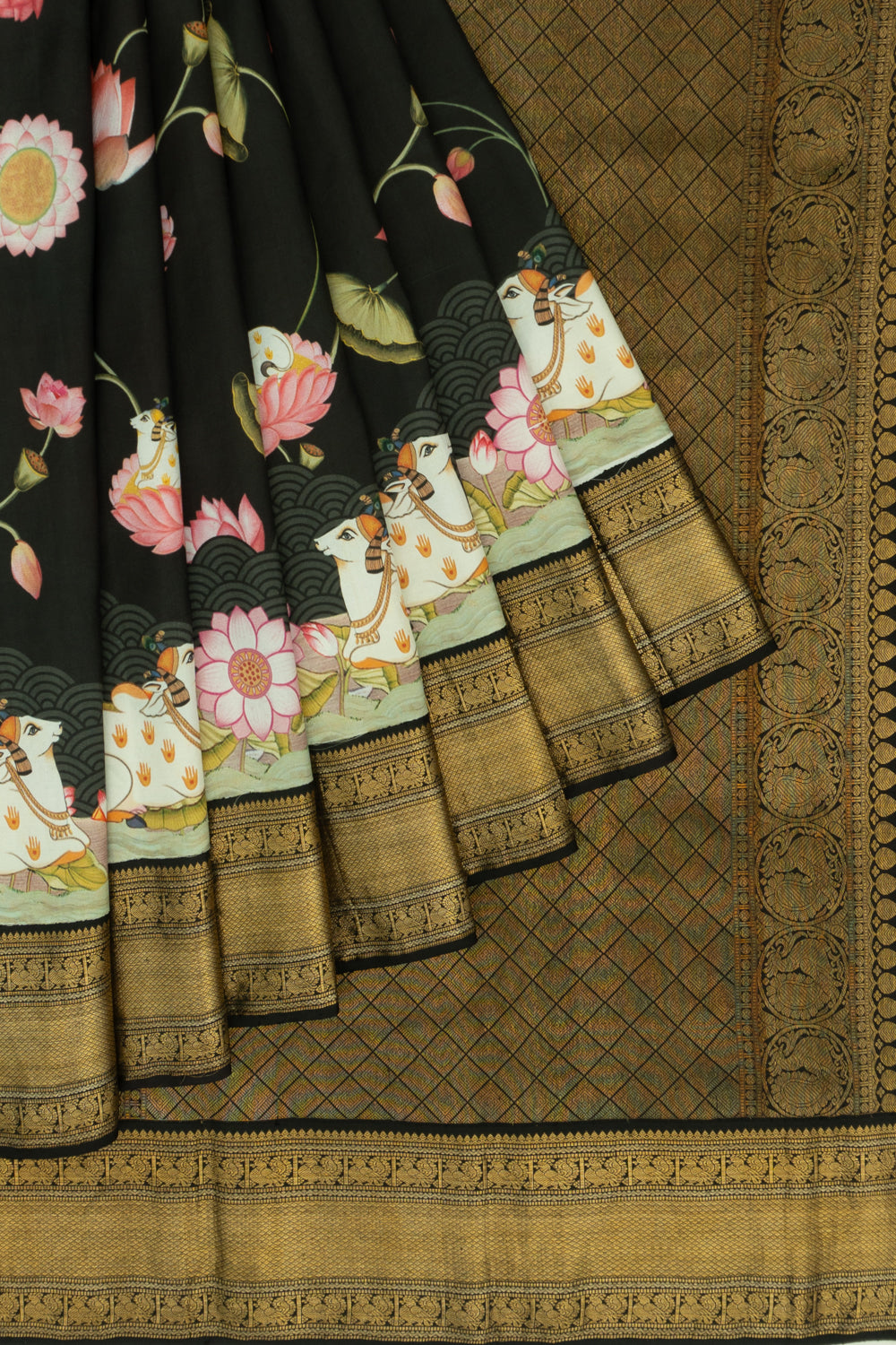 Kanchipuram Silk Pichwai Printed Black Saree