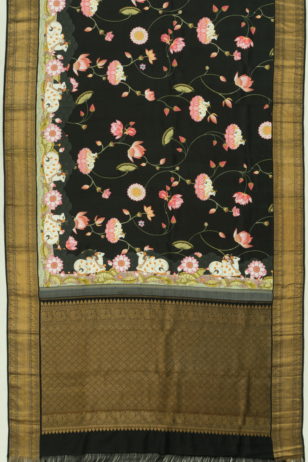 Kanchipuram Silk Pichwai Printed Black Saree