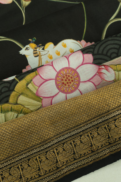 Kanchipuram Silk Pichwai Printed Black Saree