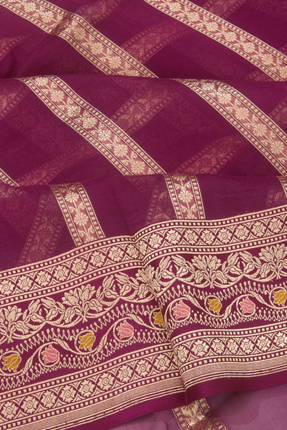 Banarasi Kora Organza Vertical Lines Purple Saree