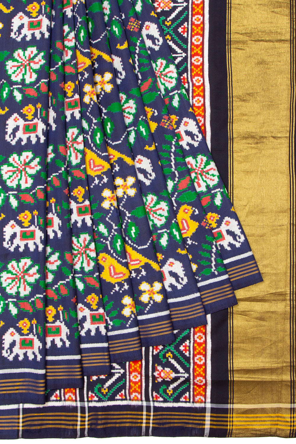 Patan Patola Silk Double Ikat Hathi Popat Phul Bhat Dark Blue Saree