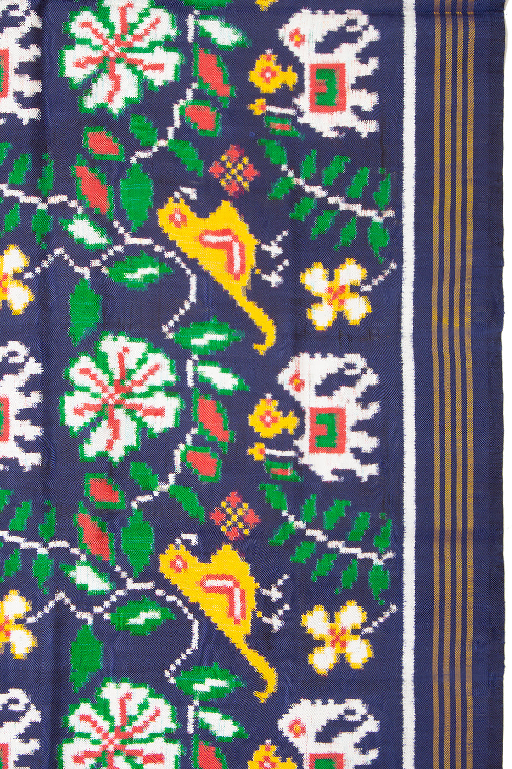 Patan Patola Silk Double Ikat Hathi Popat Phul Bhat Dark Blue Saree