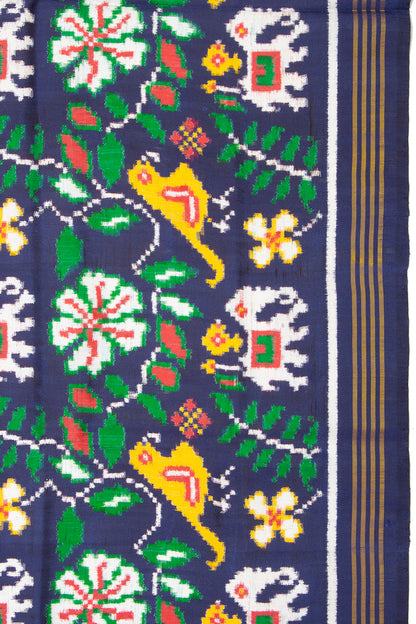 Patan Patola Silk Double Ikat Hathi Popat Phul Bhat Dark Blue Saree