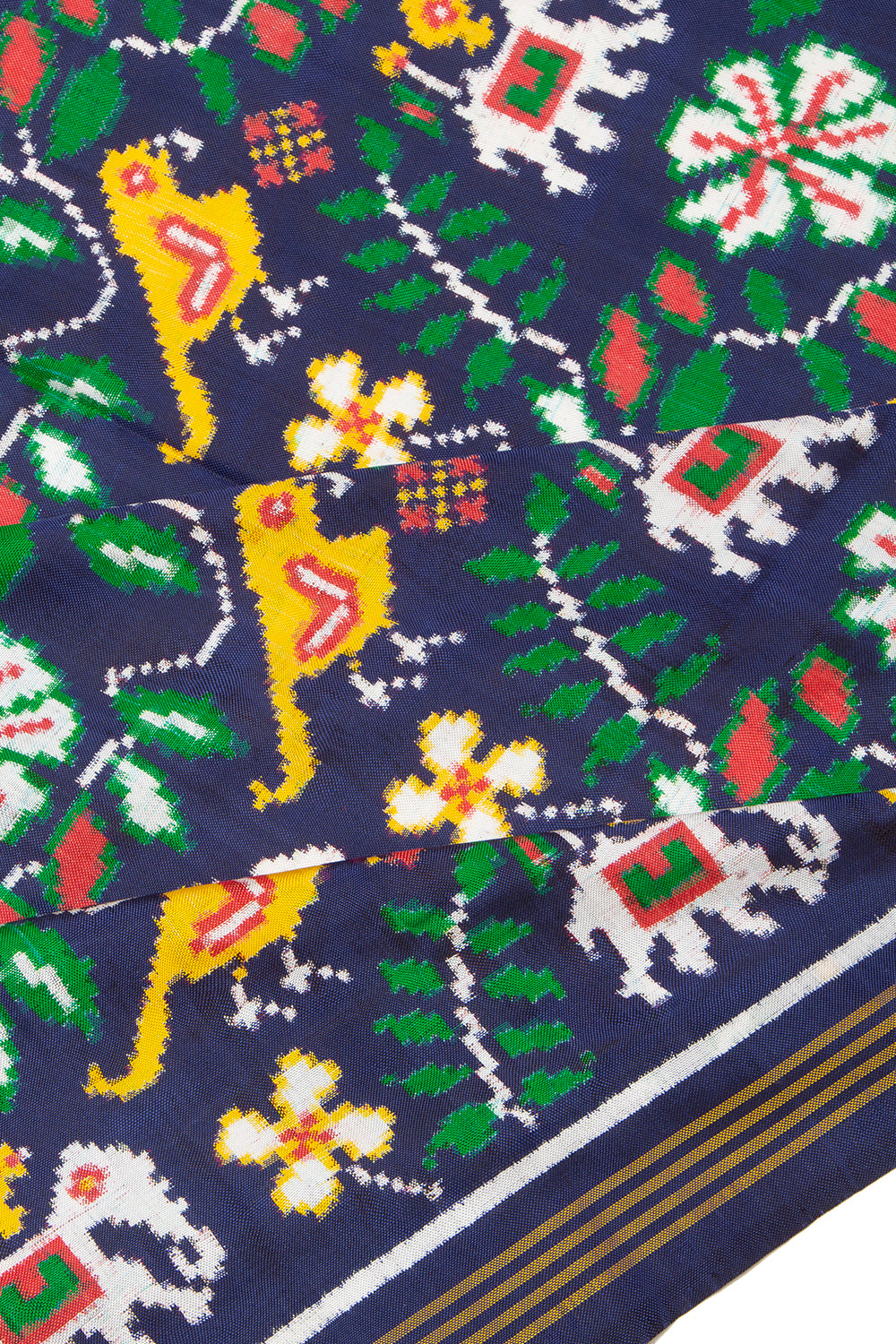 Patan Patola Silk Double Ikat Hathi Popat Phul Bhat Dark Blue Saree