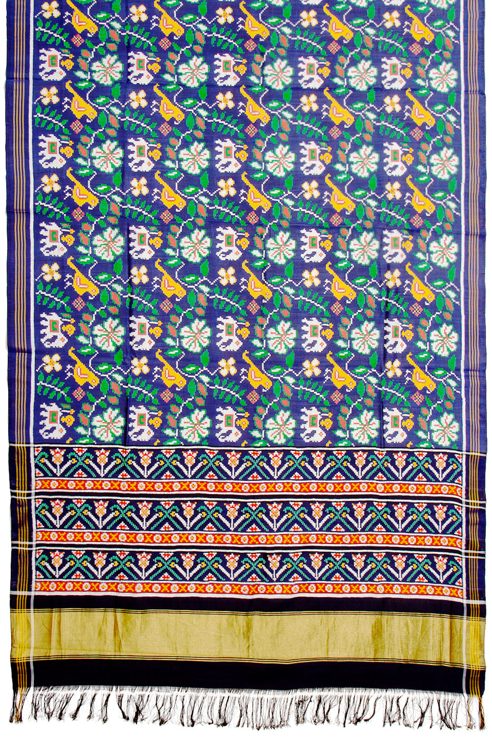 Patan Patola Silk Double Ikat Hathi Popat Phul Bhat Dark Blue Saree