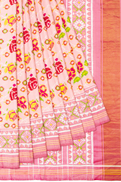 Patan Patola Silk Double Ikat Phool Bhat Baby Pink Saree