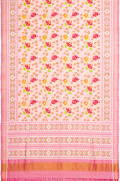 Patan Patola Silk Double Ikat Phool Bhat Baby Pink Saree