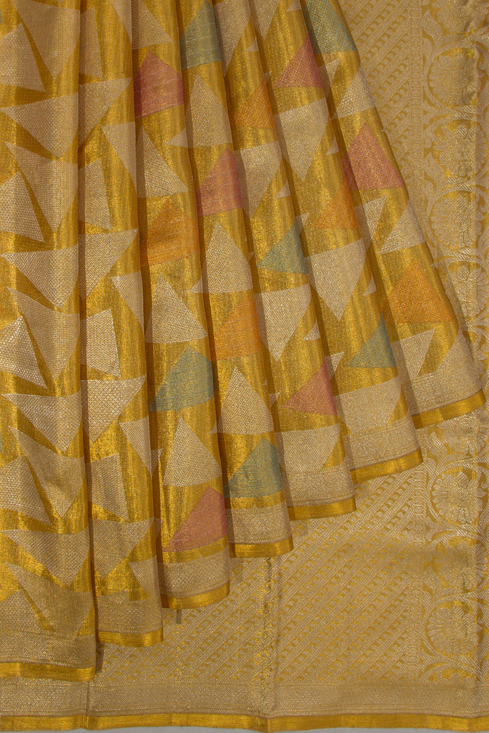 Kanchipuram Silk Tissue Geometrical Brocade Gold Saree