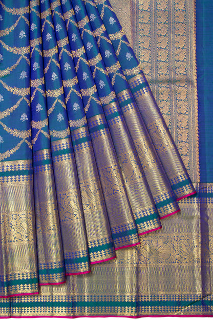 Kanchipuram Silk Jaal Teal Blue Saree