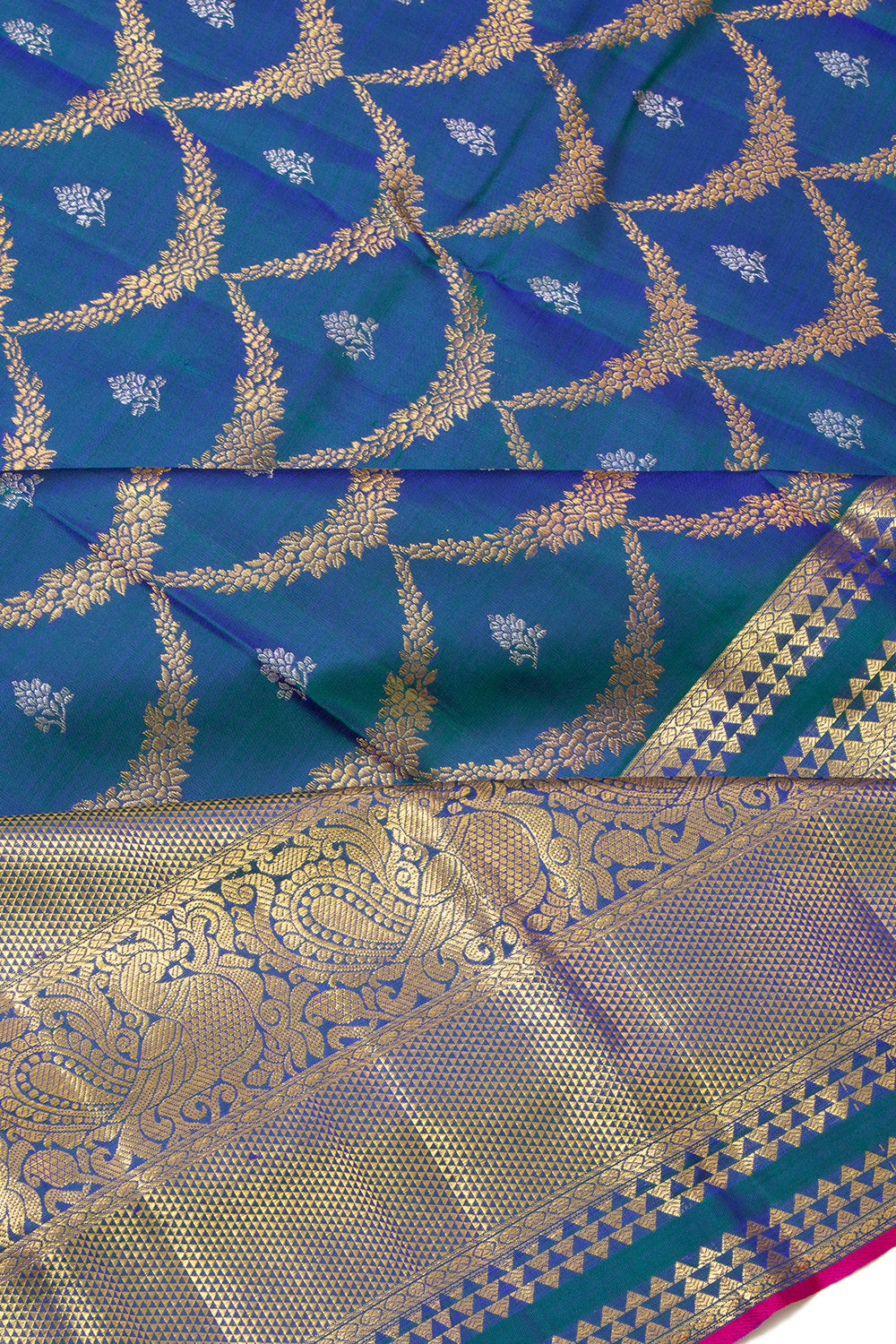 Kanchipuram Silk Jaal Teal Blue Saree