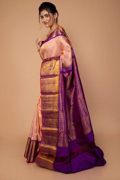 Kanchipuram Silk Jaal Peach Saree