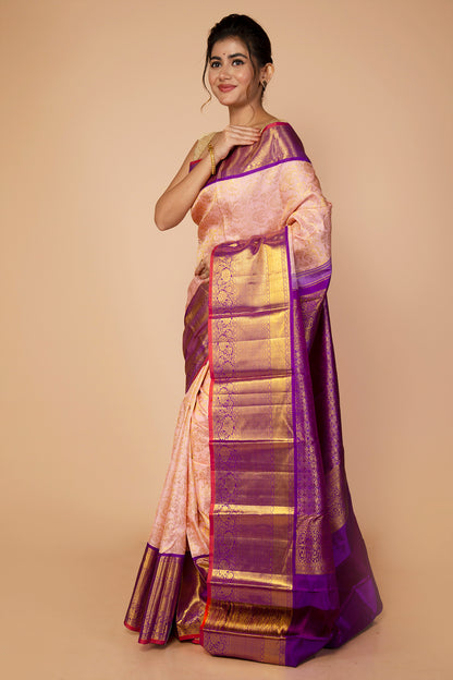 Kanchipuram Silk Jaal Peach Saree