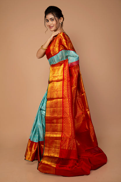 Kanchipuram Silk Brocade Sky Blue Saree