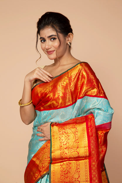 Kanchipuram Silk Brocade Sky Blue Saree