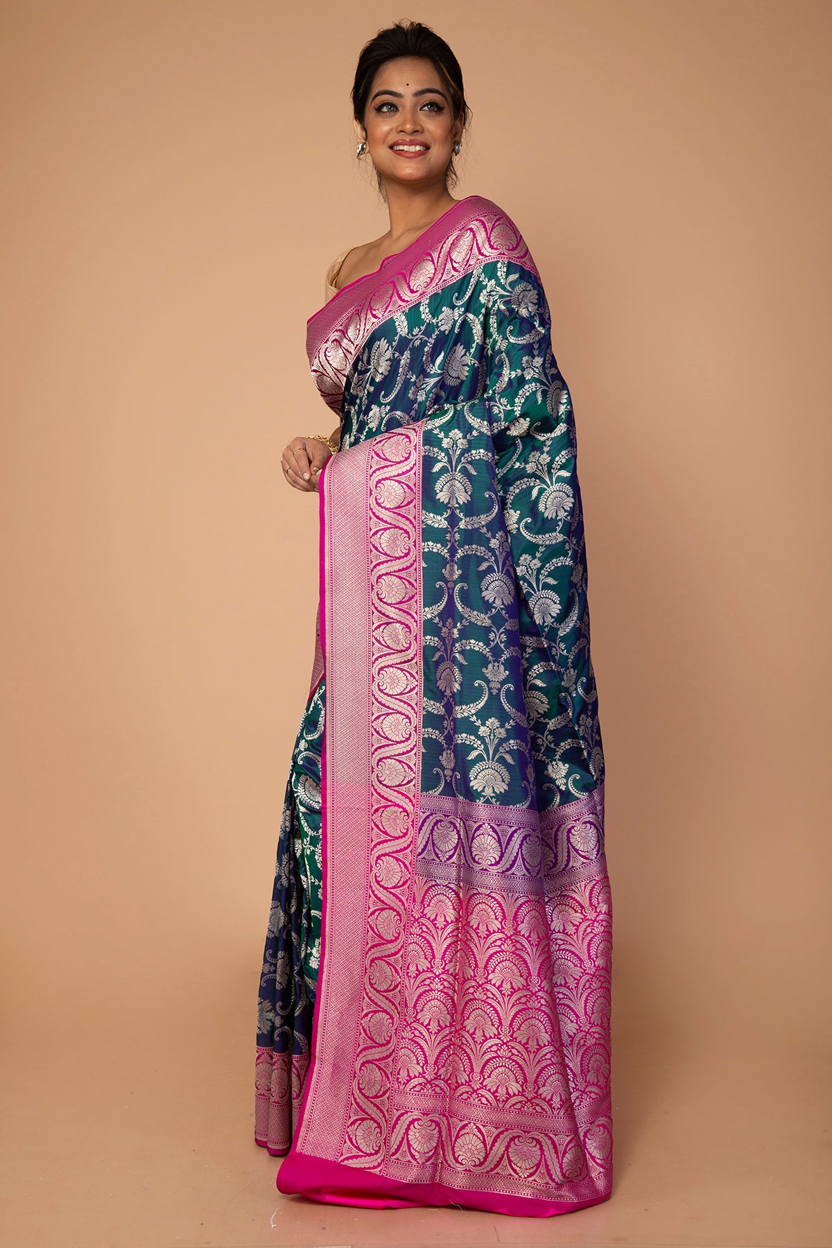 Banarasi Silk Jaal Peacock Blue Saree
