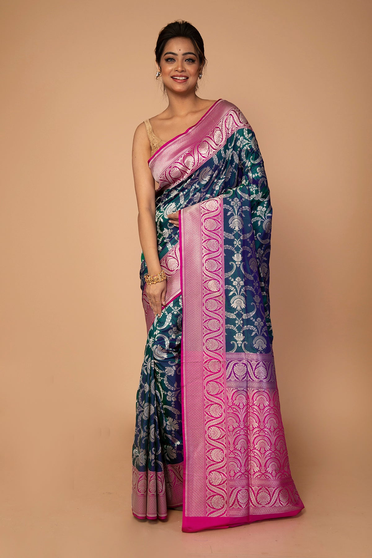 Banarasi Silk Jaal Peacock Blue Saree