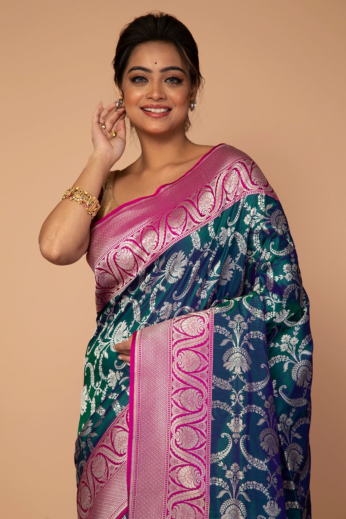 Banarasi Silk Jaal Peacock Blue Saree