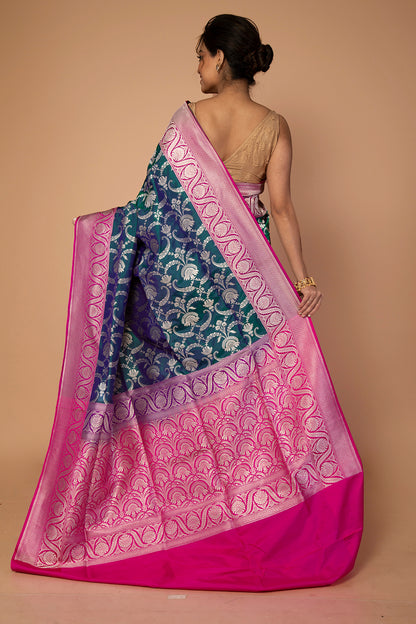 Banarasi Silk Jaal Peacock Blue Saree