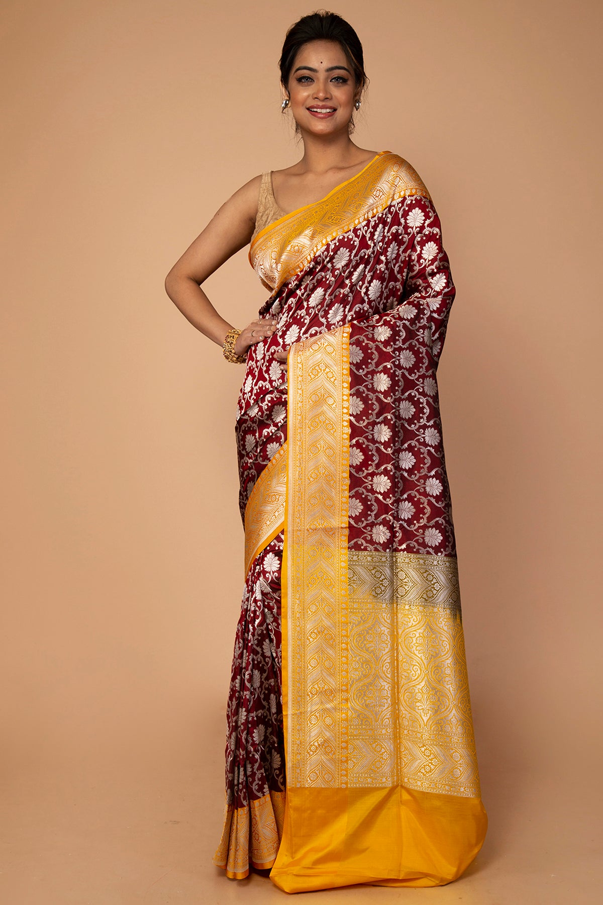 Banarasi Silk Jaal Brown Saree