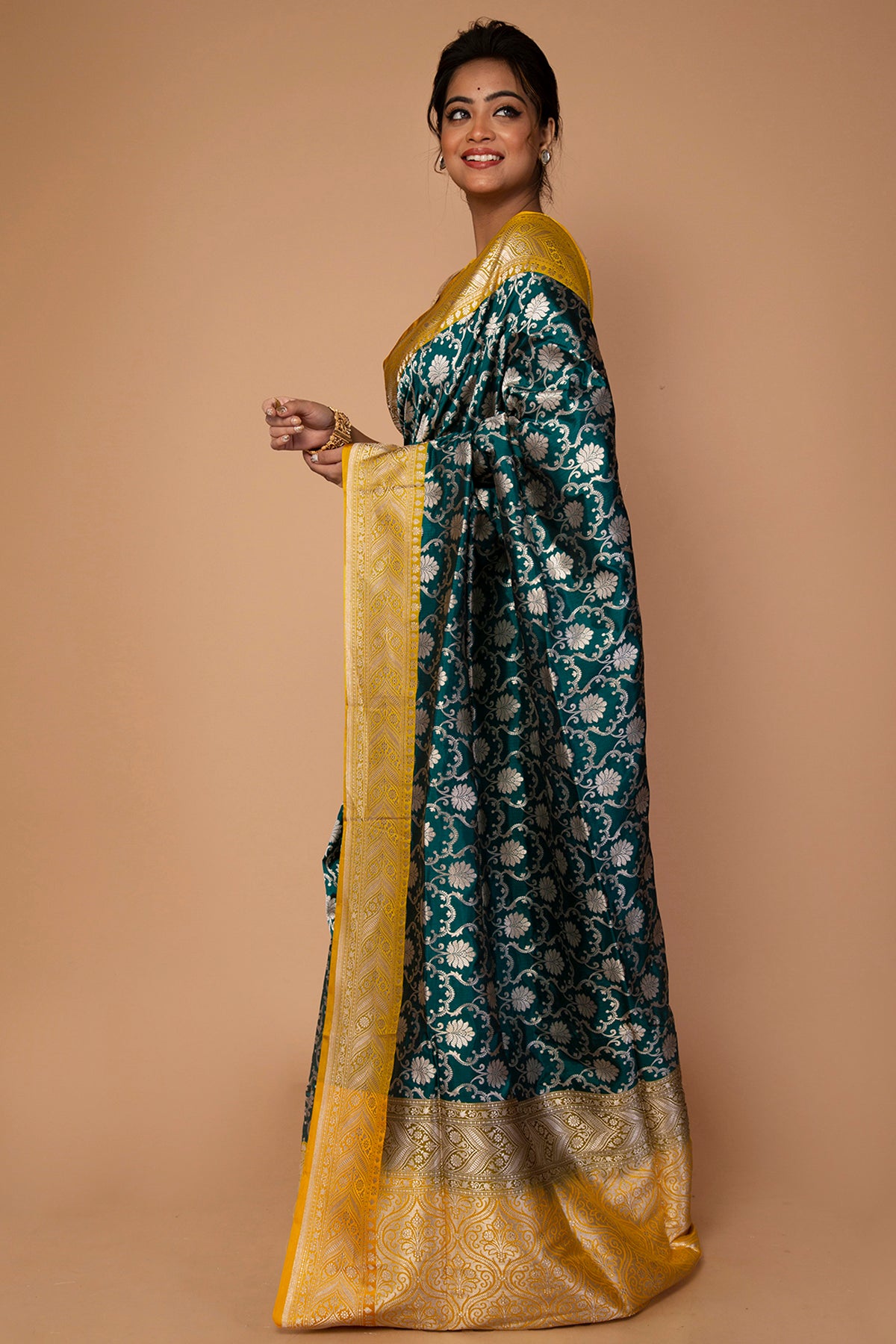 Banarasi Silk Jaal Bottle Green Saree