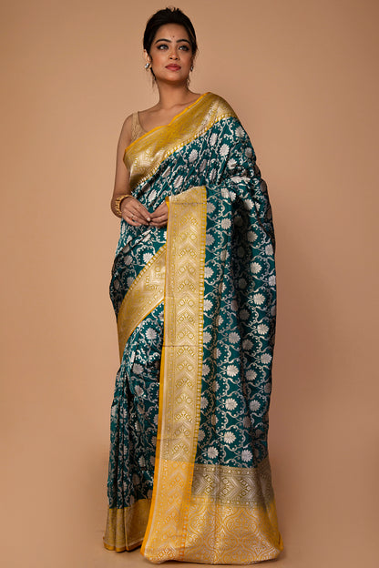 Banarasi Silk Jaal Bottle Green Saree