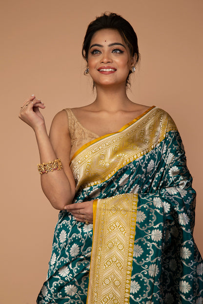 Banarasi Silk Jaal Bottle Green Saree