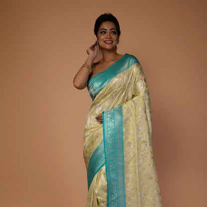 Banarasi Silk Jaal Pale Yellow Saree