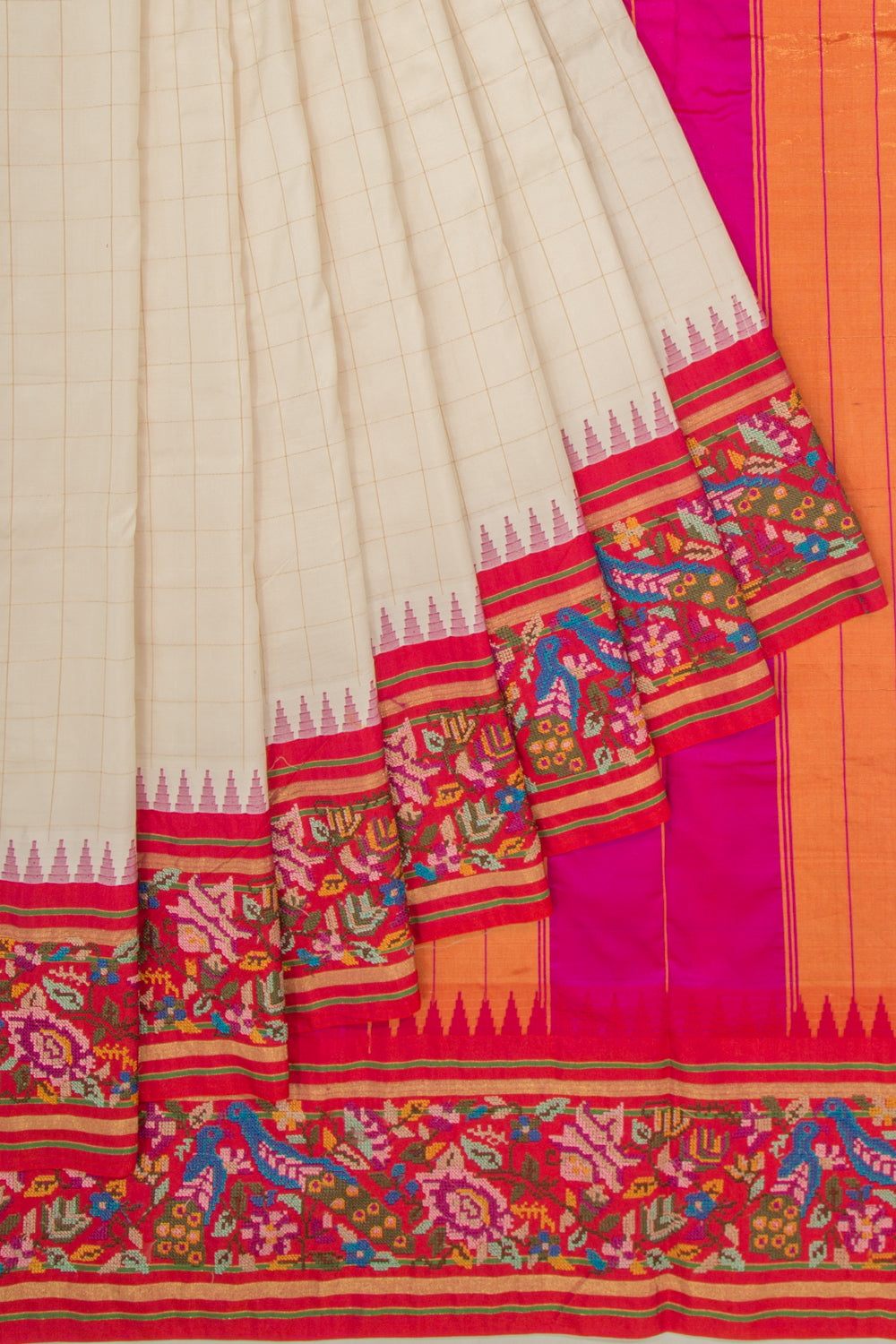 Soft Silk Checks Cream Saree