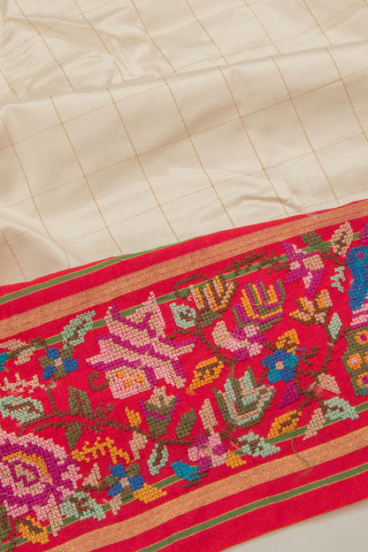 Soft Silk Checks Cream Saree