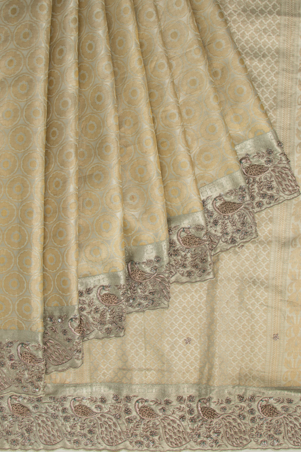 Kanchipuram Silk Tissue Embroidered Grey Saree