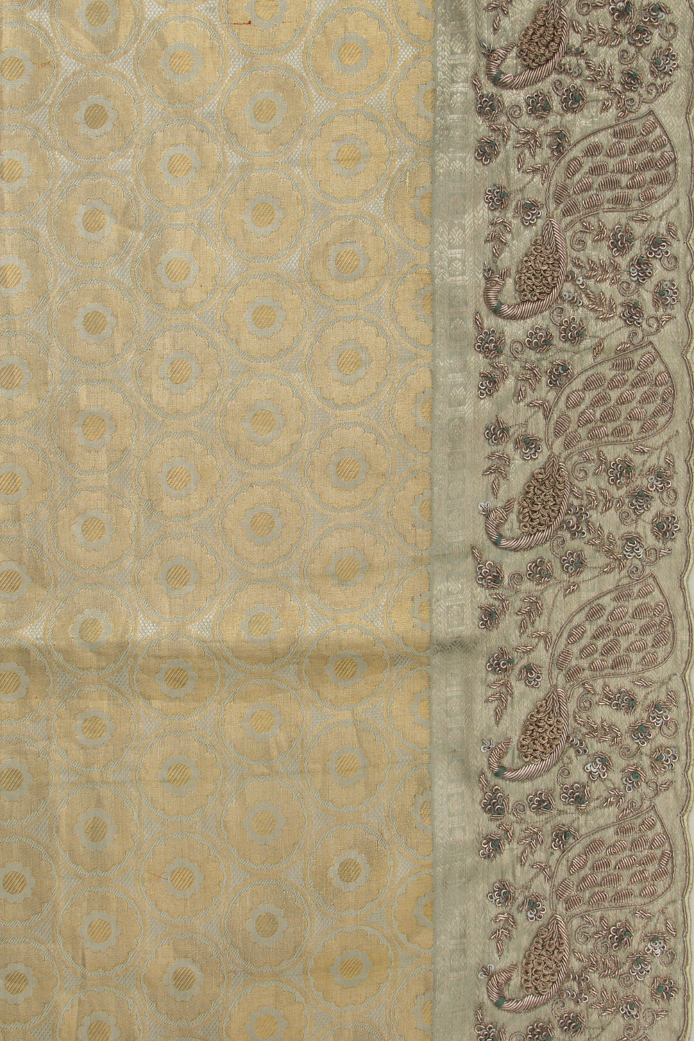 Kanchipuram Silk Tissue Embroidered Grey Saree