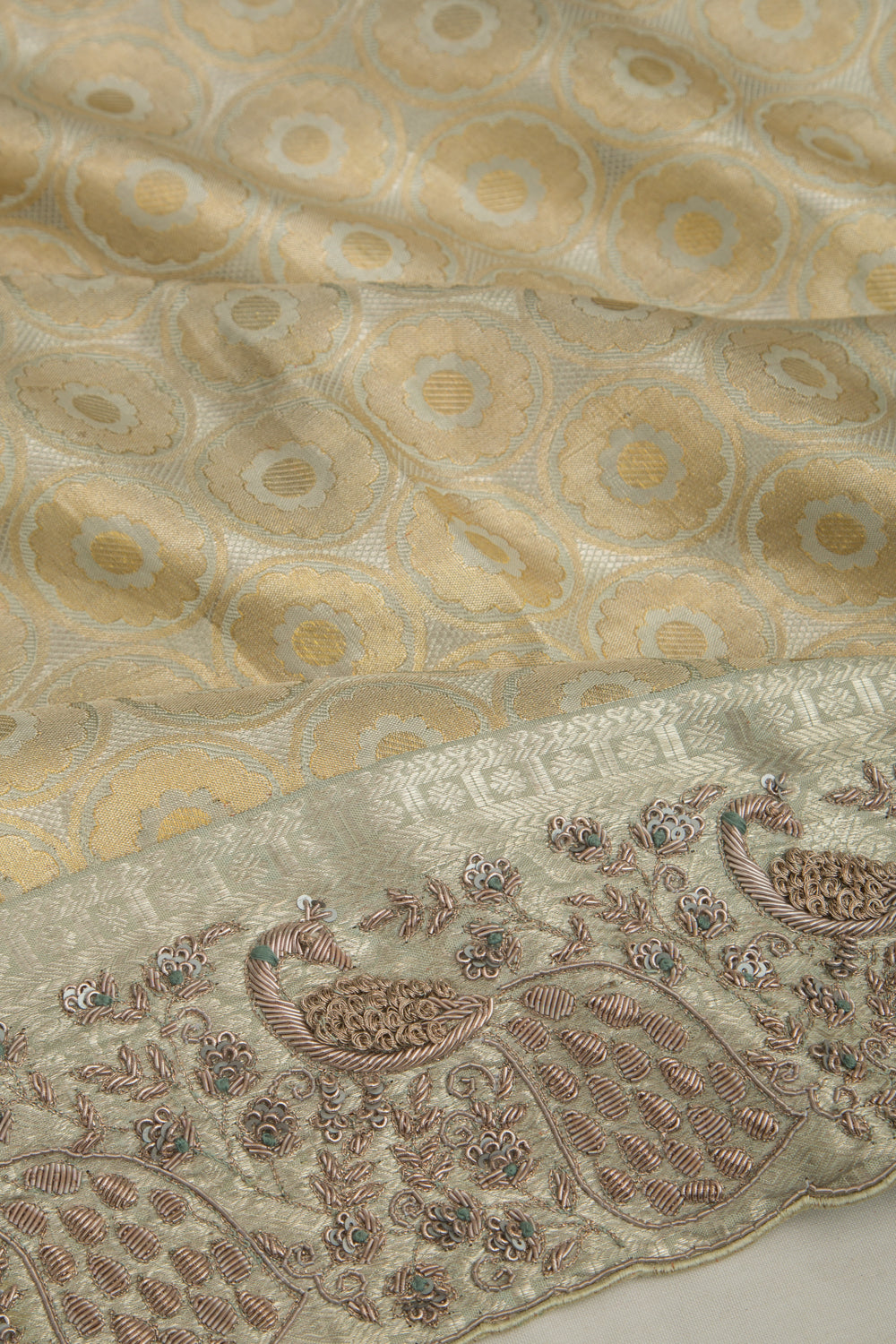 Kanchipuram Silk Tissue Embroidered Grey Saree