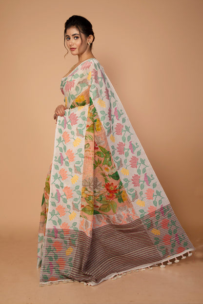 Chanderi Silk Floral Printed Cream Saree
