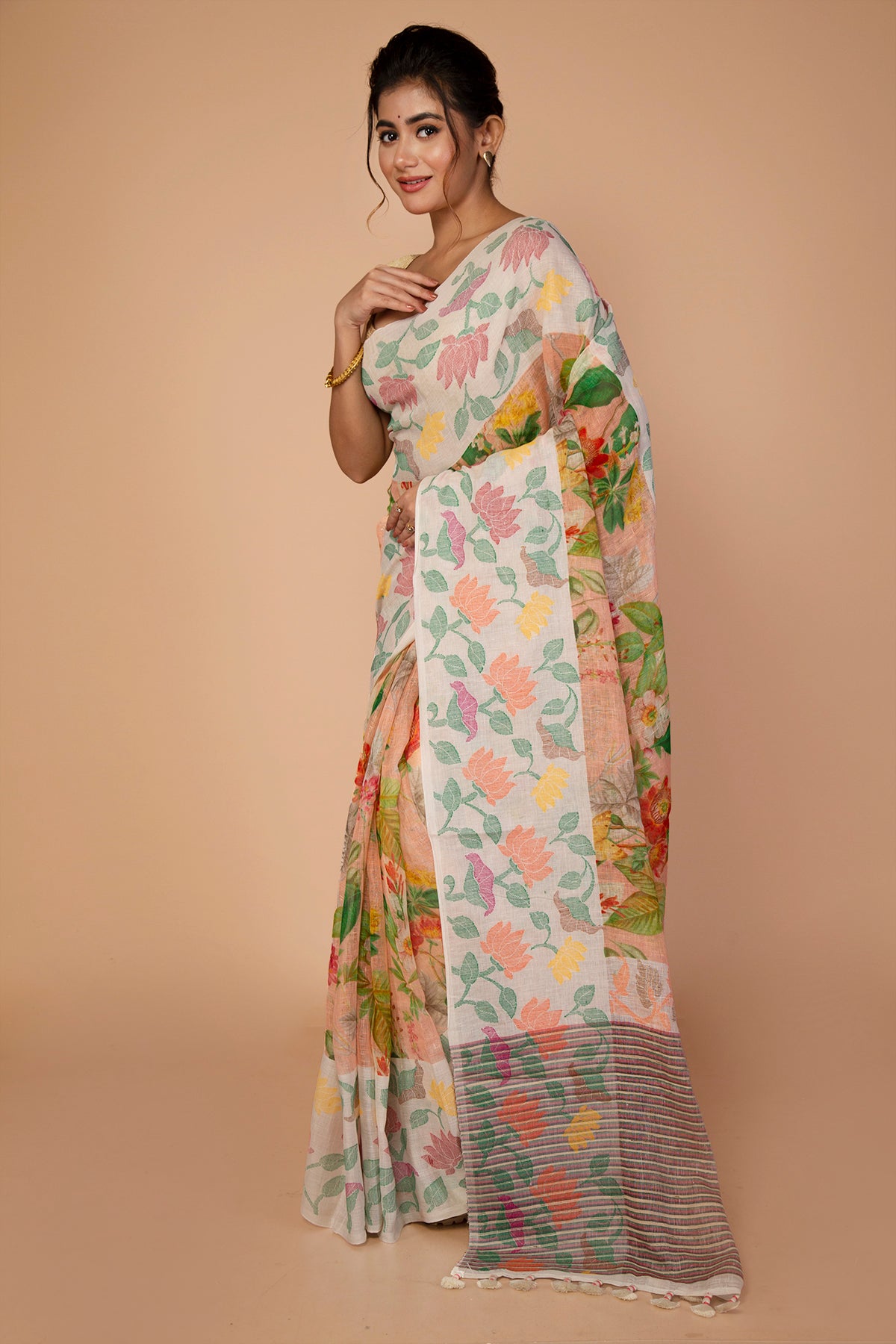 Chanderi Silk Floral Printed Cream Saree