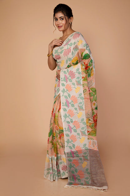 Chanderi Silk Floral Printed Cream Saree