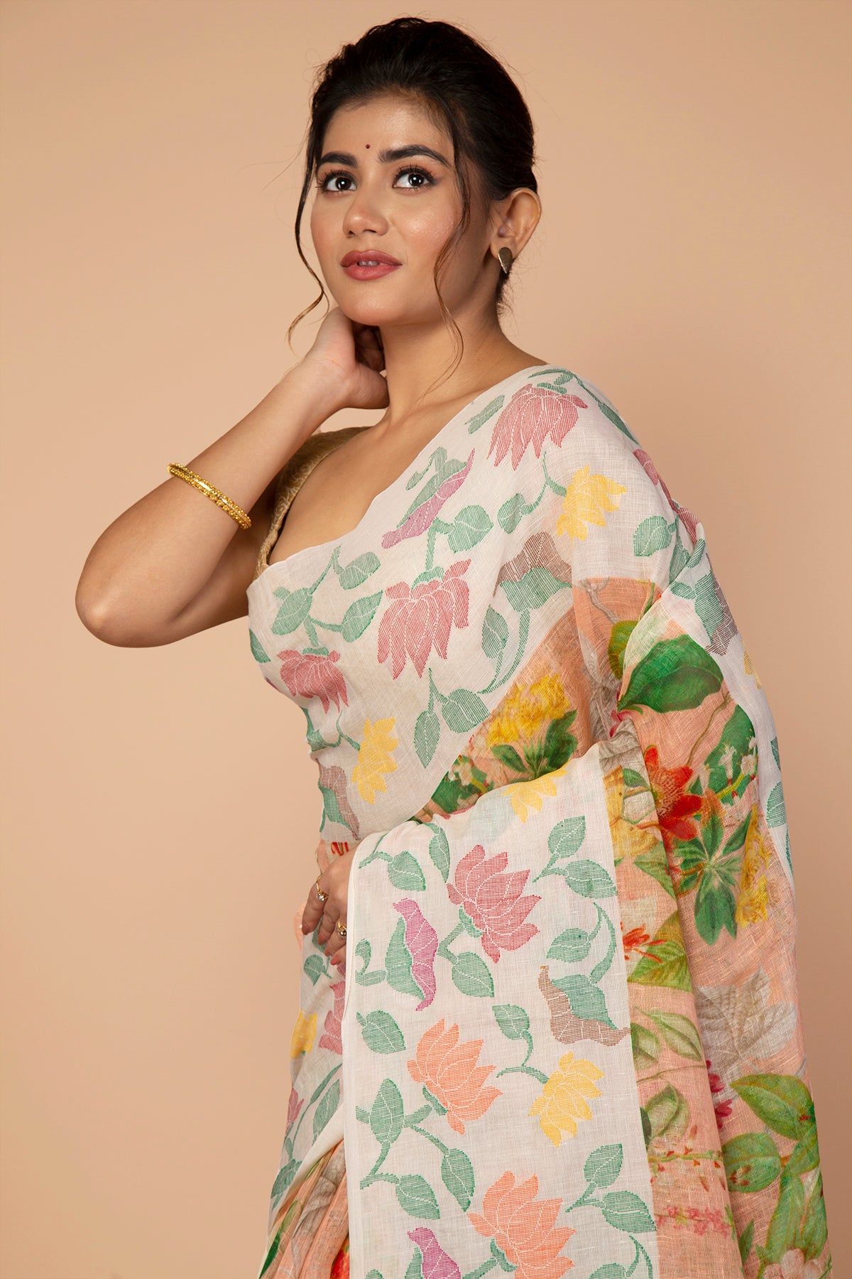 Chanderi Silk Floral Printed Cream Saree