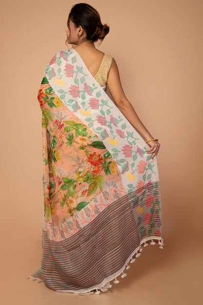Chanderi Silk Floral Printed Cream Saree