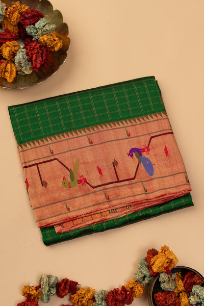 Paithani Silk Checks Green Saree With Akruthi Border