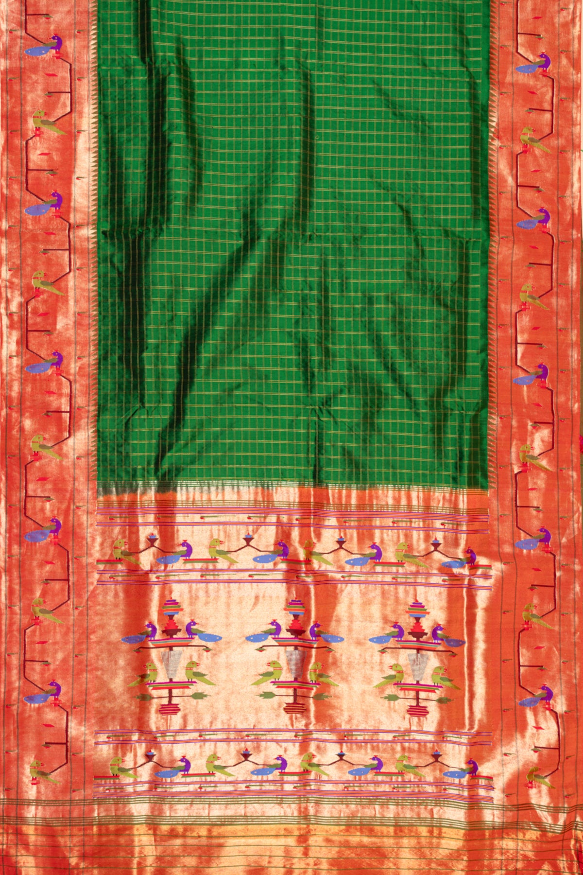 Paithani Silk Checks Green Saree With Akruthi Border