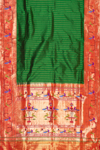 Paithani Silk Checks Green Saree With Akruthi Border