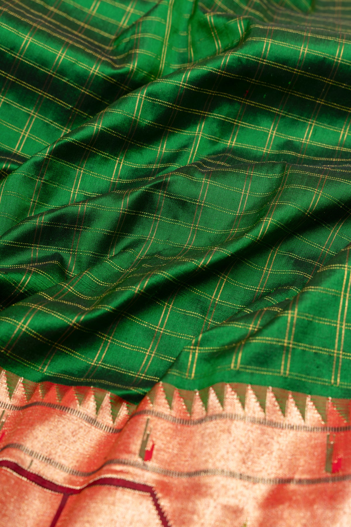 Paithani Silk Checks Green Saree With Akruthi Border