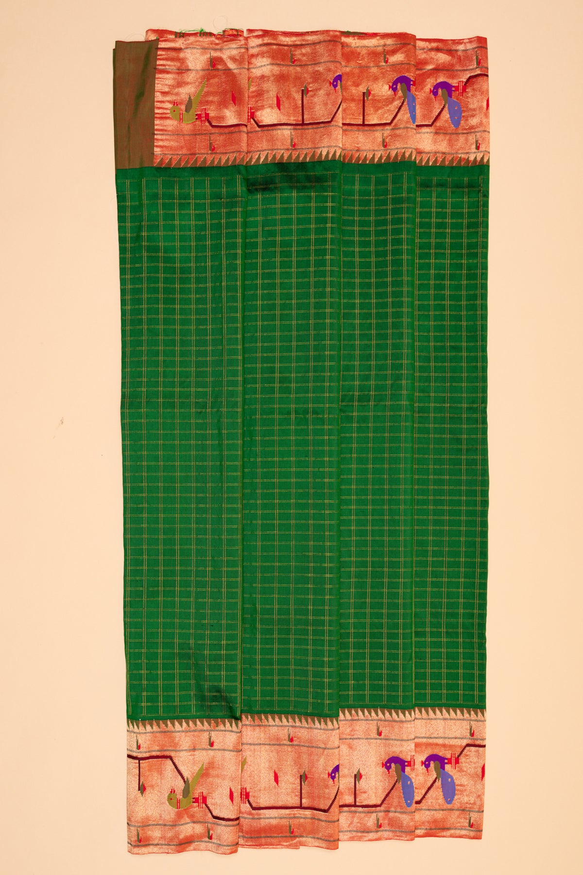 Paithani Silk Checks Green Saree With Akruthi Border